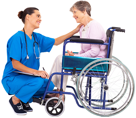 A female doctor with a woman in a wheelchair